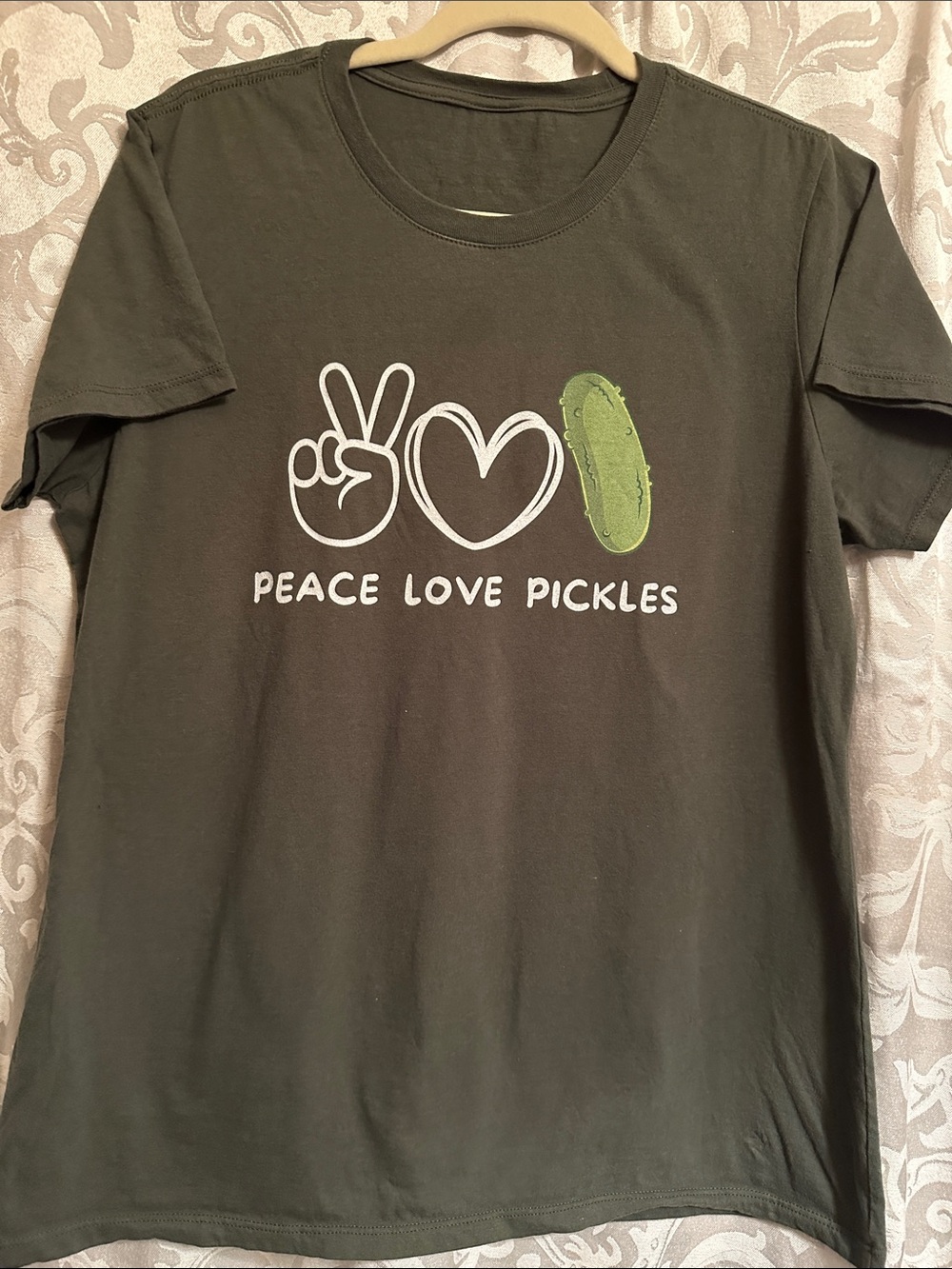 Source Unknown Olive Green Tee with White and Light Green Graphic Pickles Peace